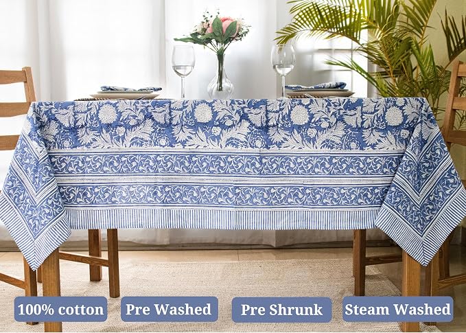 Block Print Table Cloth- 54x108 Inch Rectangle 100% Cotton Handmade Pre-Shrink, Kitchen & Dining Perfect for Patio, Indoor & Outdoor, Farmhouse