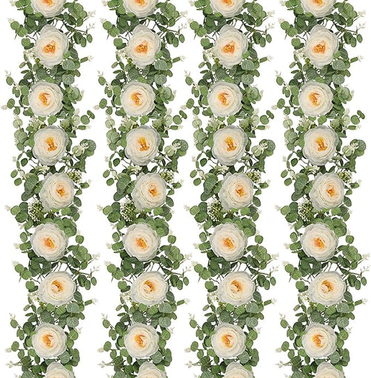 Dolicer 4Pcs 26Ft Artificial Eucalyptus Garlands with Flowers, Faux Floral Greenery Garlands Fake Flowers Vines for Wedding Table Centerpieces Arch Party Ceremony Backdrop Decor (White)
