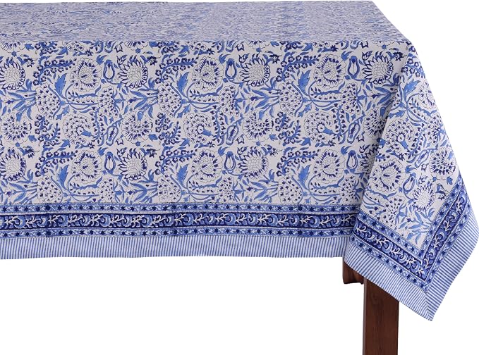 ATOSII Indigo Bloom 100% Cotton Rectangle Fall Tablecloth, Handblock Floral Linen Table Cloth for Dining Table I Parties Christmas Thanksgiving Grand Millennial Home Decor 72 X 108 Inches I 8 Seater