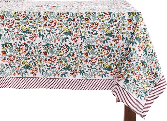 ATOSII Ambrosia Green Floral 100% Cotton Rectangle Fall Tablecloth, Handblock Print Linen Table Cloth for Kitchen Dining I Parties, Weddings, Outdoors, Christmas, Thanksgiving Decor 60 X 90 Inches