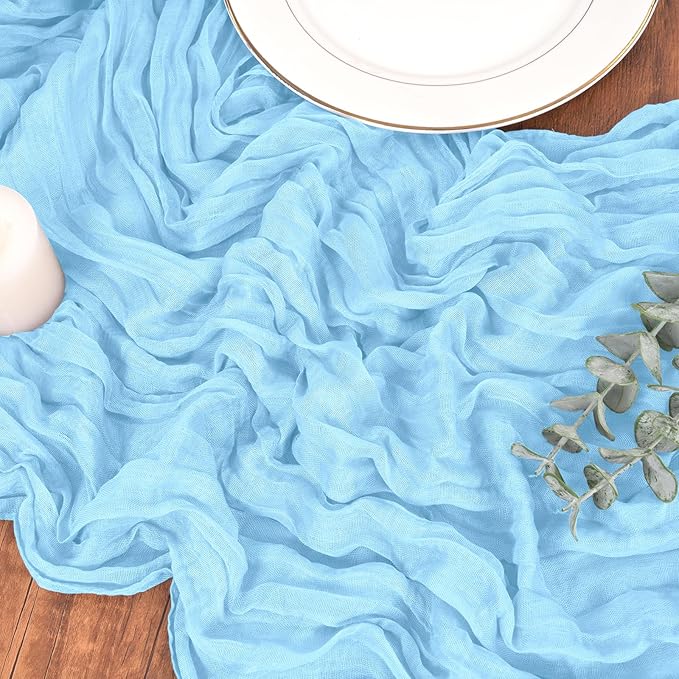 Light Blue Cheesecloth Table Runner 6 Pack 10FT - Boho Gauze Sheer Rustic Crinkled Table Runners for Wedding Party Baby Shower Bridal Decor