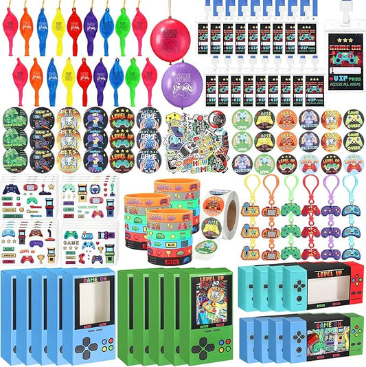 195 Pcs Video Game Party Favors for Kids Gamer Goodie Bag Stuffers Gaming Birthday Party Supplies with Gift Boxes, VIP Pass, Balloons, Bracelets, Keychains, Badges, 3D Stickers (Colorful)