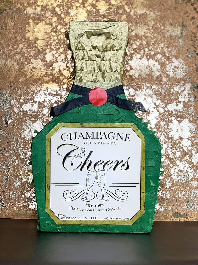 Jergrim Champagne Piñata with Stick, 17X11inches, Perfect for New Years 21st Birthday Decorations, Graduation, and Wedding Props. Fits party favor