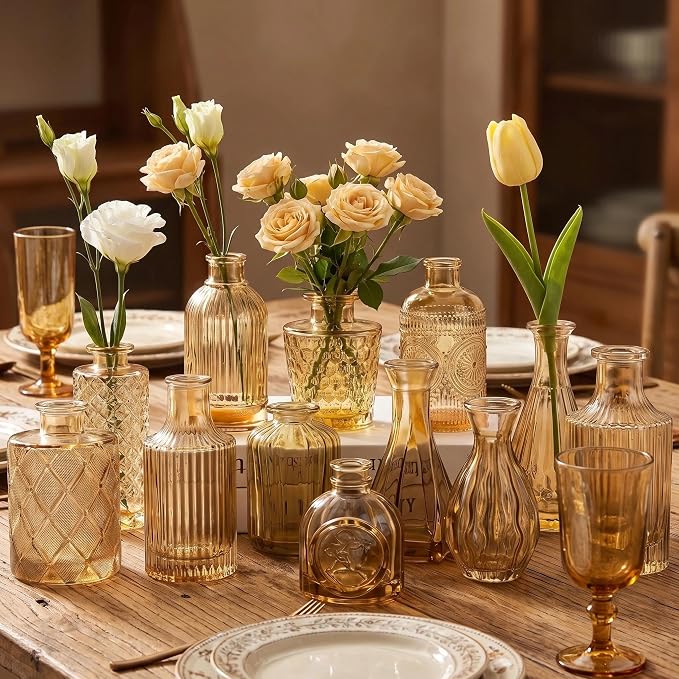 Mini Bud Vases Centerpieces for Tables,Clear Bud Vases for Flowers,Small Flower Vases Suitable for Birthday Party,Anniversary,Wedding Reception,Baby Shower (Gold, 12PCS)