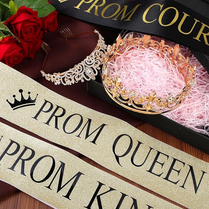 Saintrygo 12 Pcs Prom Crown and Sash Set, Prom King and Queen Tiara Rhinestone Crown Glitter Court Royal Satin Sash for 2026 Graduation Ball Dance Night Party Birthday Accessory(Gold,Stylish)