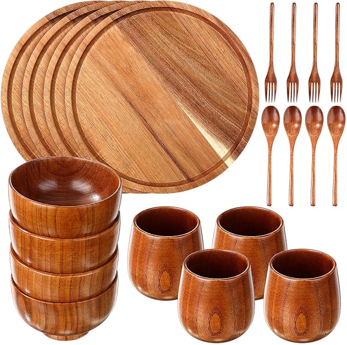 20 Pcs Acacia Wood Dinnerware Set 10 Inch Round Wooden Plates Bowls Tea Cups Fork Spoons Acacia Wood Tableware Supplies Easy Cleaning Lightweight for Dishes Snack Dessert, 4 Set