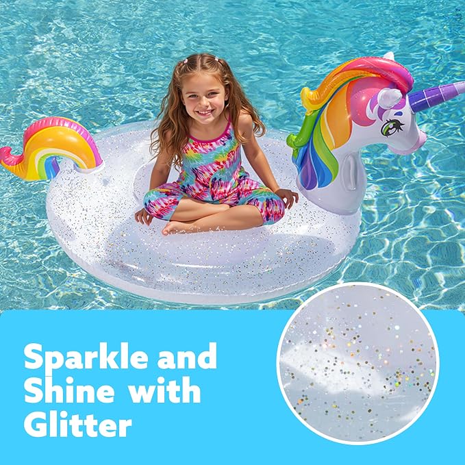 JOYIN Unicorn Pool Float Kids - Inflatable Rainbow Unicorn Floaty with Glitters Fun Floats, Ride On Beach Lake Floaties Raft Lounge, Party in Summer Decorations Pool Toys for Kids