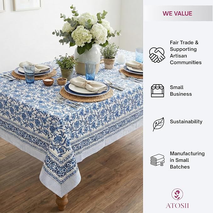 ATOSII Midnight Bloom 100% Cotton Spring Summer Tablecloth, Hand Block Print Rectangle Table Cover for Kitchen Dining Linen I Parties, Outdoors, Wedding, Easter I 72 X 108 Inches I 8 Seater