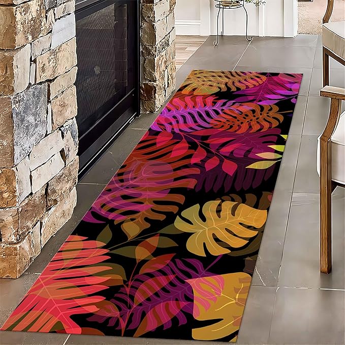 Leaf Hallway Runner Rug, 3.3x7ft, Bohemian Red Monstera 3D Design Color Kitchen Long Runner Mat, Indoor Soft Non-Slip Leaf Pattern Carpet for Living Room Foyer Bedroom Bedside