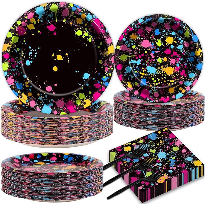 50 Guests Neon Party Supplies Glow Party Plates Napkins Tableware Neon Glow Paper Disposable Birthday Colorful Graffiti Party Decoration Favor, 200 Pieces