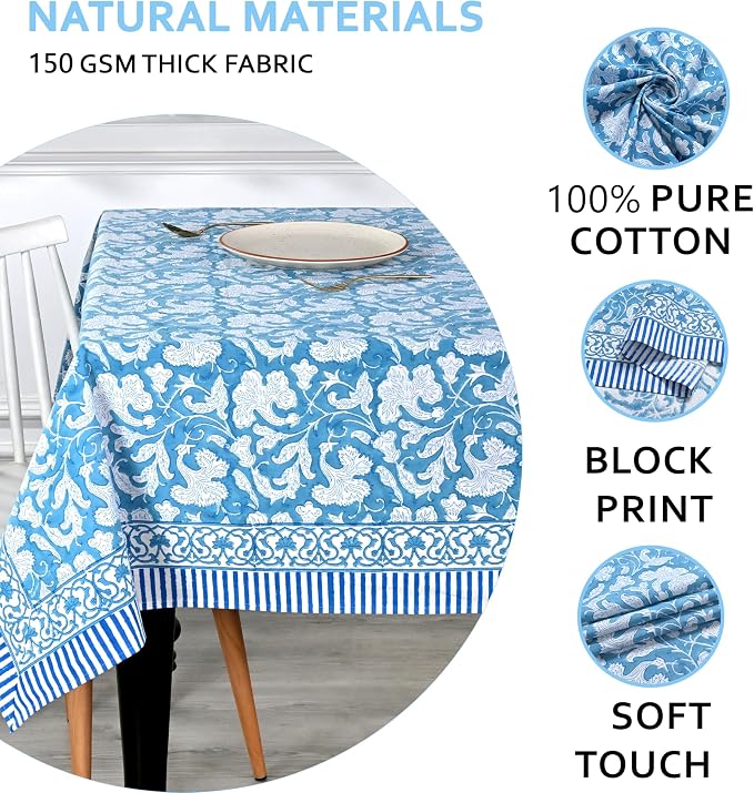 Ridhi Magic Blue Hand Block Print Cotton Rectangle Tablecloth 190" x 72" inches Reusable Table Cover Decorative Everyday Use for Dining Room, Farmhouse, Home Gift for Spring, Mother's Day