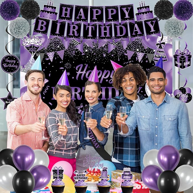 DARUNAXY Purple Birthday Party Decorations Set | Happy Birthday Banner & Sash, Balloons Pom Poms Cake Topper Hanging Swirl Decor, Birthday Gifts Party Supplies for Women Girl