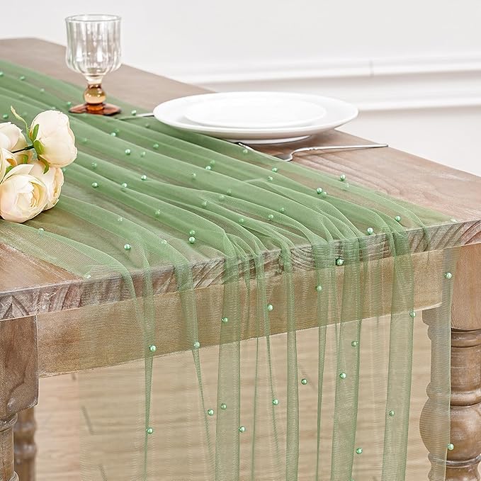 Pearl Table Runner Tulle Lace: 10 ft Tulle Table Runners Pearl Sheer Table Cover Fabrics for Wedding Arch Dessert Table Decorations Sage Green