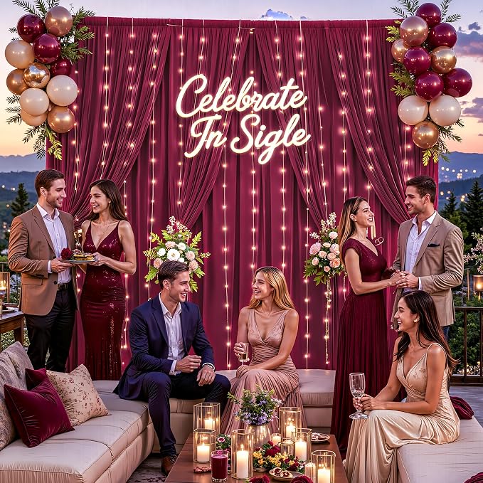 Burgundy Backdrop Curtains with Lights for Parties,10x10FT Wrinkle Free Wedding Photo Backdrop Curatin Drapes Fabric for Baby Shower Birthday Ceremony Reception Home Party Decorations