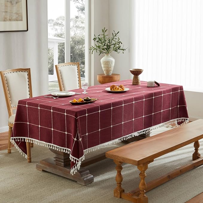 ZeeMart Boho Grid Table Cloth with Tassels (Burgundy, 52" x 52"), Heavy Weight Linen Checked Embroidered Farmhouse Tablecloth, Water Resistant Square Red Tablecloths