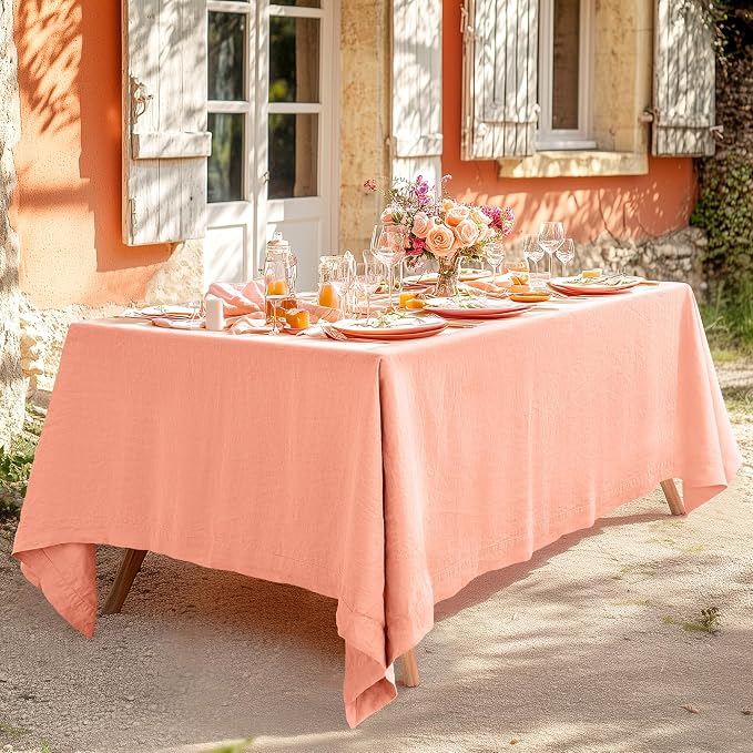 Linen World Linen Tablecloth,100% French Natural Flax Tablecloth 90" x 60" Inch,Washable Rectangular Table Cloth for Dining,Outdoor,Weddings and Restaurants,Decorative Christmas,Peach Pink