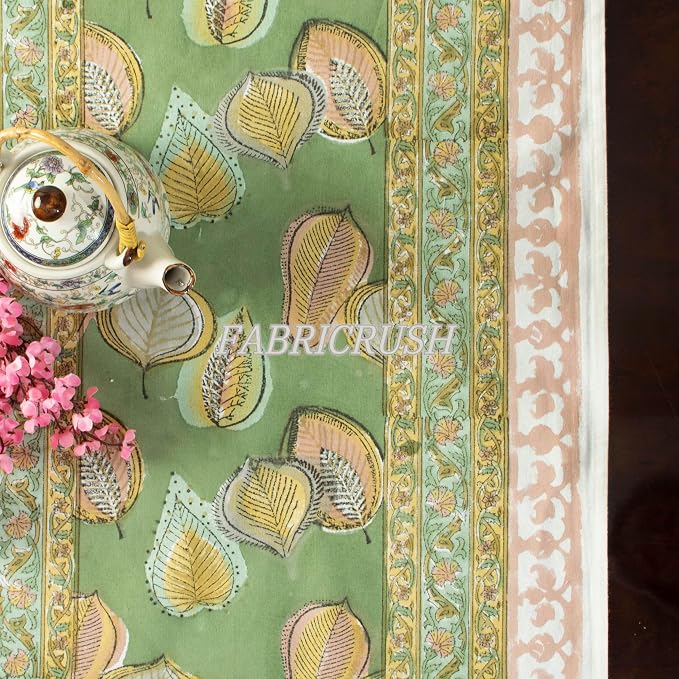 Ridhi Peppermint Green Hand Block Print Cotton Rectangle Tablecloth 190" x 72" inches Reusable Table Cover Decorative Everyday Use for Dining Room, Farmhouse, Home Gift for Spring, Mother's Day