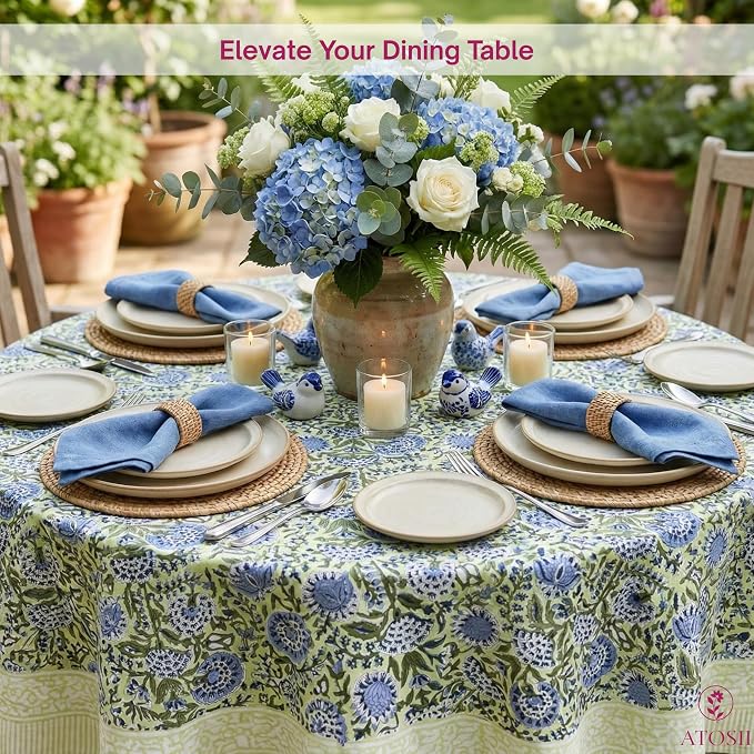ATOSII Amara 100% Cotton Round Summer Tablecloth, Handblock Print Floral Table Cloth for Kitchen Dining Linen I Parties, Weddings, Outdoors I Grand Millennial Farmhouse Home Decor 72" Inches Round