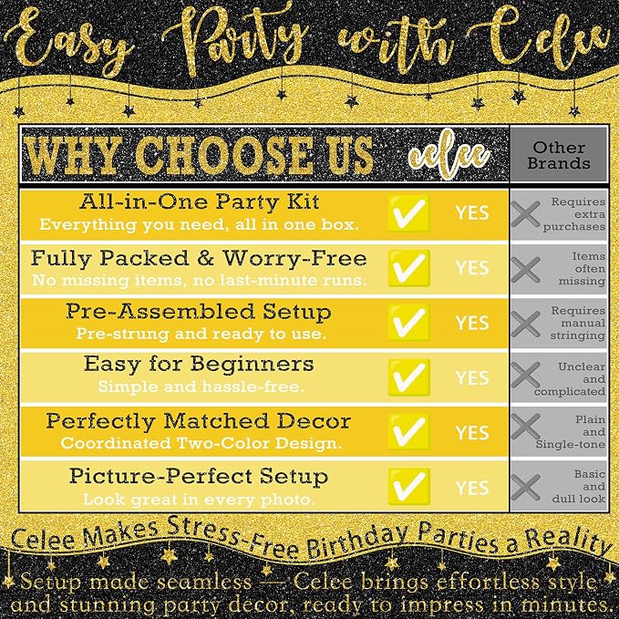Black and Gold Birthday Party Decorations Set - Happy Birthday Banner Balloons Foil Curtains Hanging Swirls for Men Women Birthday Party Supplies