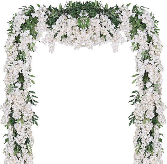 Duovlo 4Pcs 6.6Ft/Piece Imitation Silk Wisteria Garland Hanging Flower Vine for Home Outdoor Garden Ceremony Wedding Arch Floral Decor (Milk White)