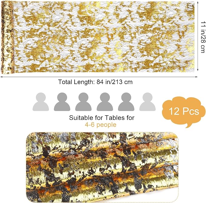 Aneco 12 Pieces Metallic Glitter Table Runner 84 x 11 Inches Black and Gold Glitter Mesh Table Runners Sparkle Rectangle Runner Roll Decorations for Wedding Baby Shower Birthday, DIY Home Decor
