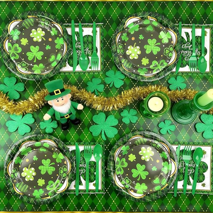 194 Pcs St Patricks Day Paper Plates & Napkins,Green Shamrock Paper Plates St Patricks Dinnerware Disposable Including Cup Straw Plastic Cutlery Banner Tablecloth for Saints Day Party Supplies