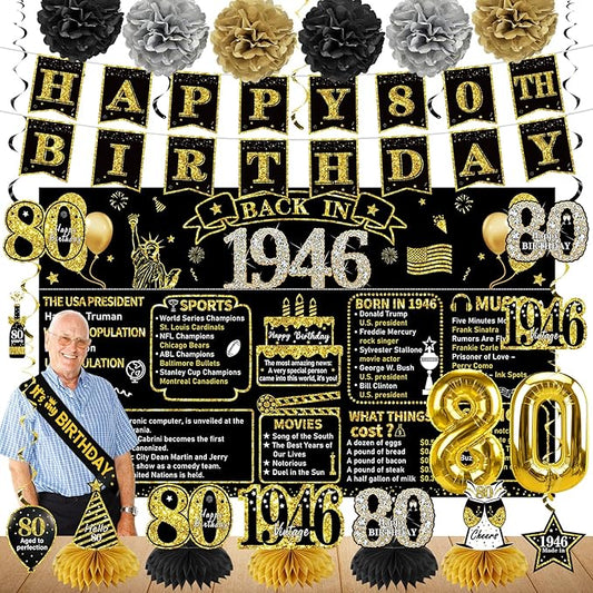 Zirtorei 80th Birthday Decorations for Men Women, 21pcs the Year 1946 Banner Balloon Party Supplies, Black Gold 80 Year Old Birthday Backdrop, 80 Bday Honeycomb Centerpiece Hanging Swirls Sash Gifts