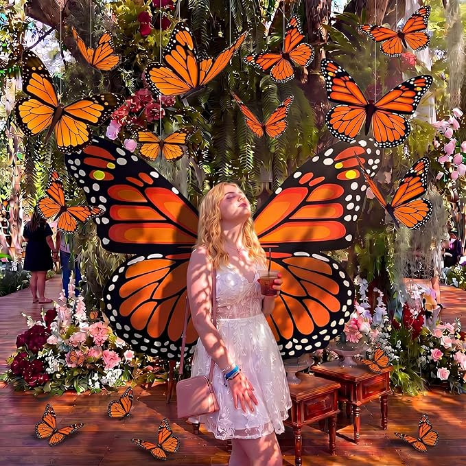 Tingjoo 21 Pcs Large Butterfly Decorations Kit 3D Monarch Butterfly Party Backdrop Decorations and 20 Pcs Hanging Butterflies Photo Booth Props for Baby Shower Wedding Garden Birthday Party