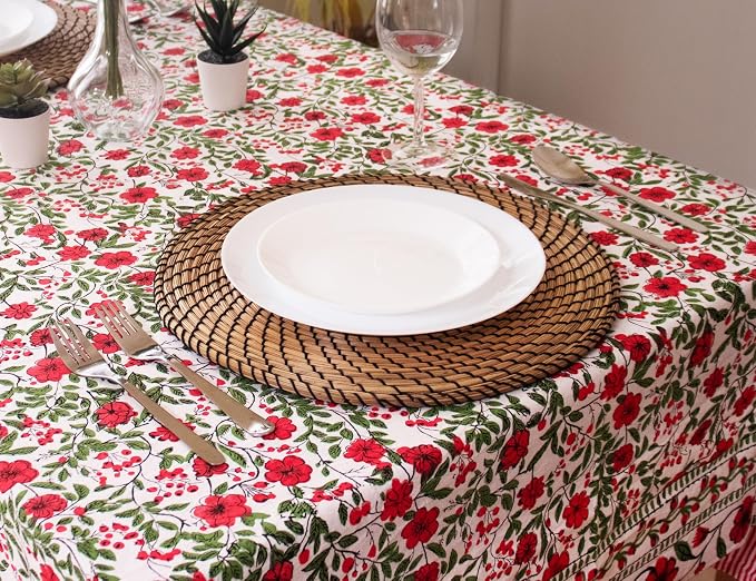 Block Print Table Cloth- 54x108 Inch Rectangle 100% Cotton Handmade Pre-Shrink, Washable for Spring, Kitchen & Dining Perfect for Patio, Indoor & Outdoor, Farmhouse