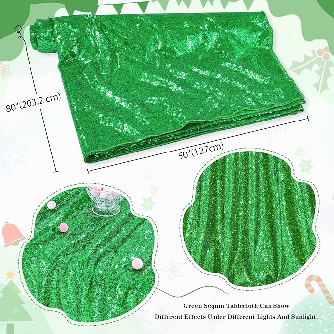 QueenDream Sparkly Sequin Tablecloth - Green Table Cloth 50x80 Inches Rectangle Table Overlay Fabric for Birthday Parties Baby Shower Decoration