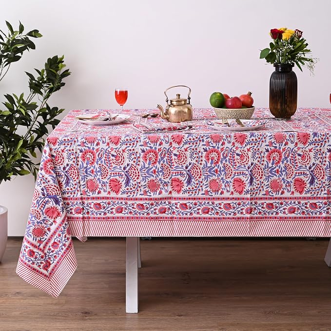 Hand Block Printed Tablecloth, Colorful Floral Print, Indian Artisan Handmade Art, Dining Room, Kitchen, Outdoor Décor, (Flamingo Pink, 12 Seater 72 x 135 Inches Rectangle)