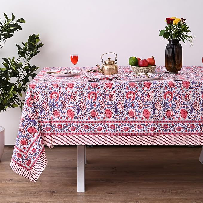 Hand Block Printed Tablecloth, Colorful Floral Print, Indian Artisan Handmade Art, Dining Room, Kitchen, Outdoor Décor, (Flamingo Pink, 14 Seater 72 x 160 Inches Rectangle)