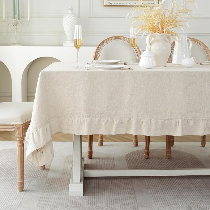 Linen World Ruffle Linen Tablecloth,100% French Linen Natural Tablecloth 108" x 60" Inch,Washable Rectangular Tablecloth for Dining,Outdoor,Weddings and Restaurants,Decorative Thanksgiving Christmas