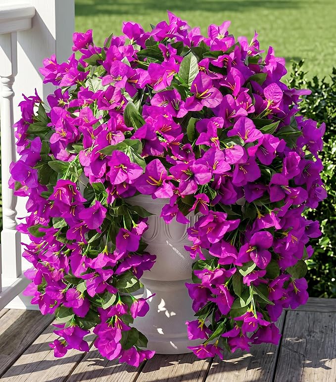 Faux Bougainvillea Artificial Flowers Plants for Outdoors Outside Decoration, 2 pcs Purple Fake Flowers UV Resistant Look Real Silk Long Trailing Vines for Front Door Porch Planter Urn Patio Garden