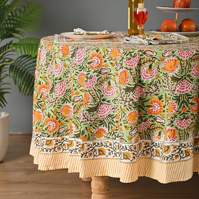 Hand Block Printed Tablecloth, Daisy Sunshine 4 Seater 60 Inches Round Colorful Floral Print, Indian Artisan Handmade Art Dining Room, Kitchen Outdoor Party Decor