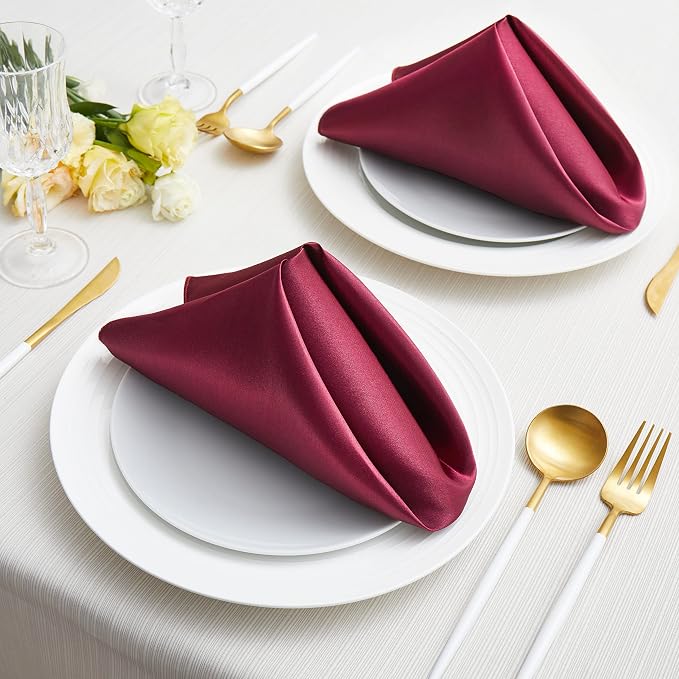 24 Pack Square Satin Dinner Napkins, 17x17 Inches Silky Soft Smooth Table Cloth Napkins for Restaurant Weddings Banquet Party Decoration, Burgundy