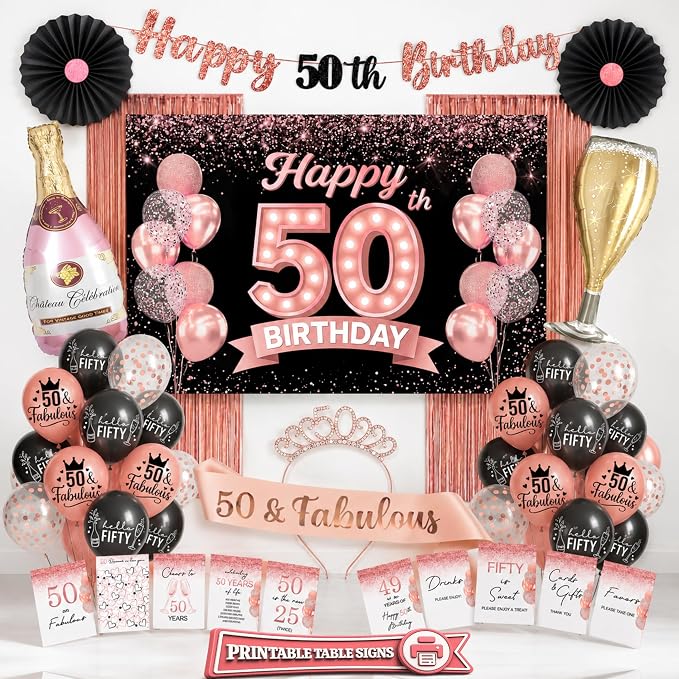 Premium 50th Birthday Decorations for Women - Rose Gold & Black 40 Pc Kit | 2026 Family Choice Award winner; Oxford-cloth backdrop (not paper), 30+ balloons, banner, tiara, sash & printable signs