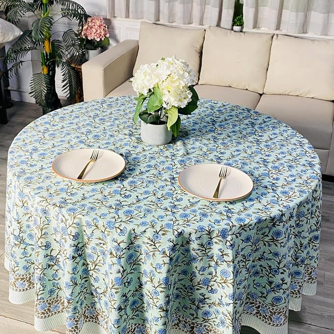 Ridhi Round Tablecloth Hand Block Print 100% Cotton Reusable Laurel & Army Green 60 Inch Table Cover Decorative Everyday Use for Dining, Home, Party, Wedding, Farmhouse Gift for Spring, Mother's Day