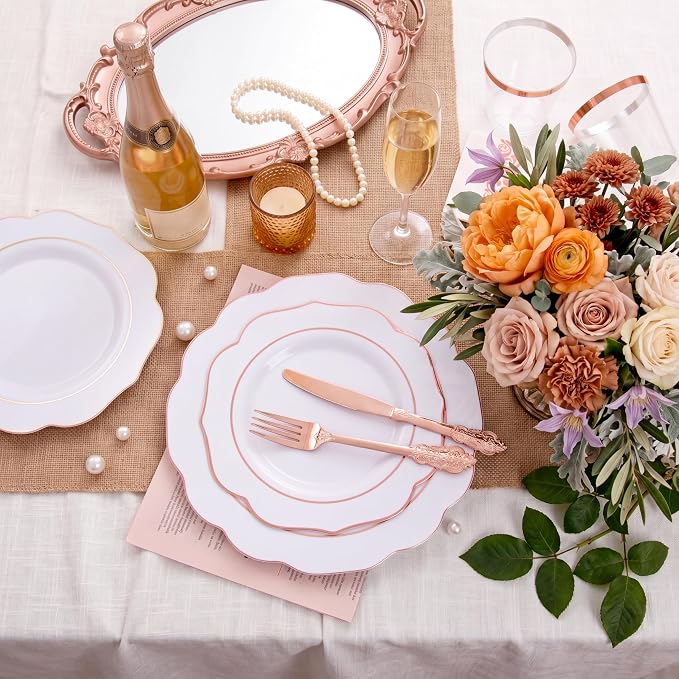 NOCCUR 175PCS Rose Gold Plastic Plates with Disposable Silverware - Include 25Dinner Plates, 25Dessert Plates, 25Forks, 25Knives, 25Spoons, 25Cups, 25Napkins for Party/Wedding/Birthday/Graduation