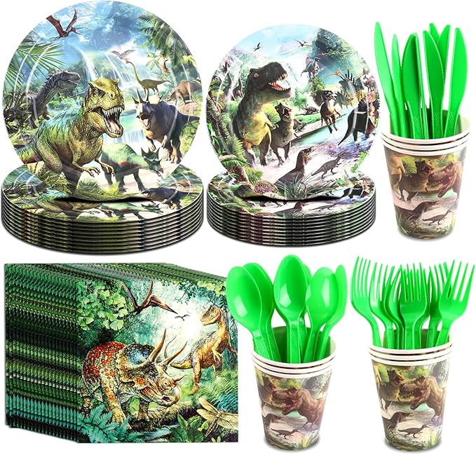Dinosaur Birthday Decorations,Dino Theme Party Supplies&Decorations,Dinosaur 5th Birthday Party Supplies Include Banner, Backdrop, Tableware Set, Tablecloth, Cake Toppers, Balloons