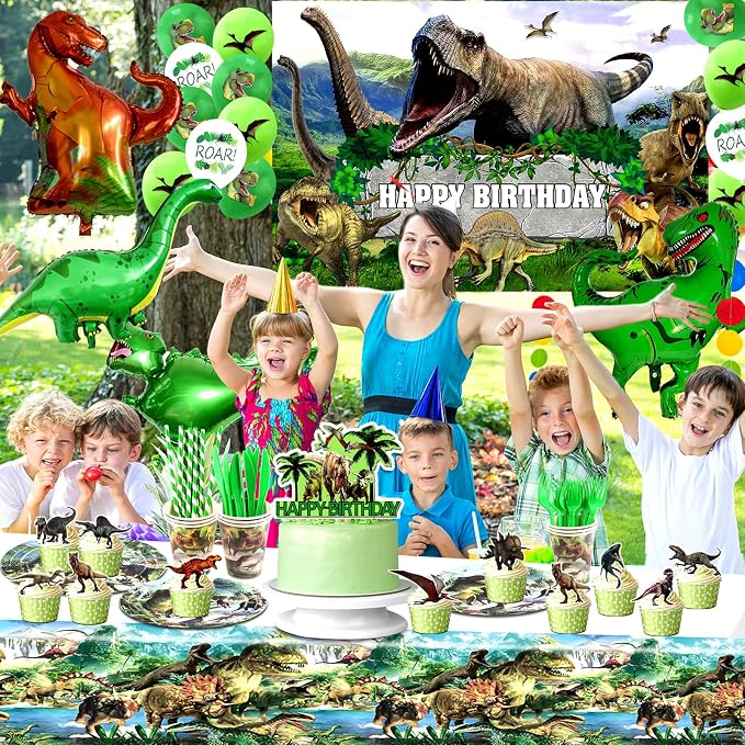 Dinosaur Birthday Decorations, Dino Theme Party Supplies&Decorations Set Include Banner Tablecloth Balloons Cake Toppers Plate Napkin for Kids Party