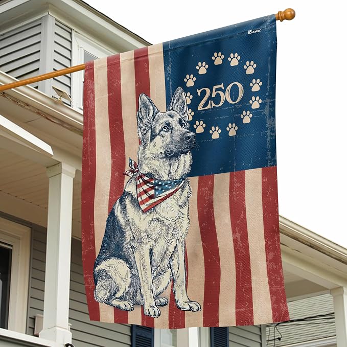 FLAGWIX American 250 Anniversary German Shepherd Flag - Polyester Double-sided House Flags For Outside (29.5" x 39.5") - 4th of July Decorations for Home Yard Garden Decor Banner, Gifts For Men Women
