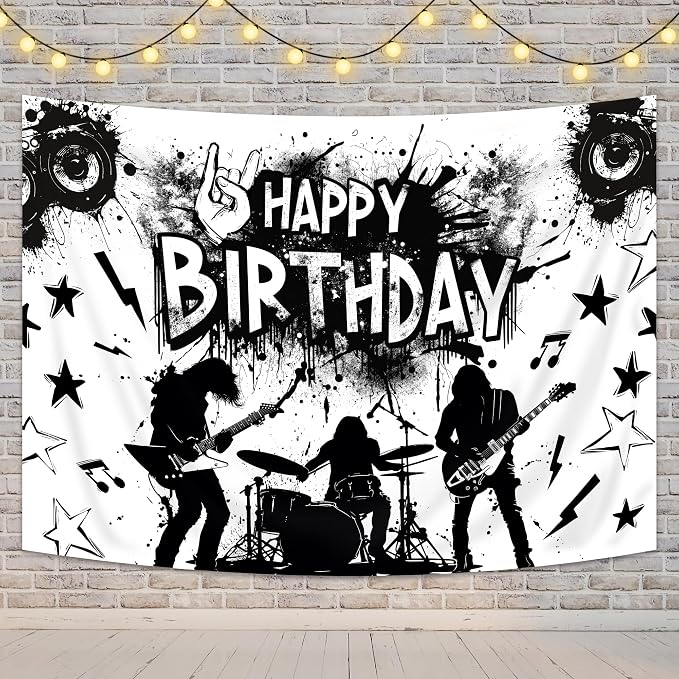 Rock and Roll Backdrop Music Themed Guitar Drum Silhouette Musical Notes Symbols Themed Birthday Party Photography Background Decoration Modern Cool Fabric Photo Shoot Studio Props