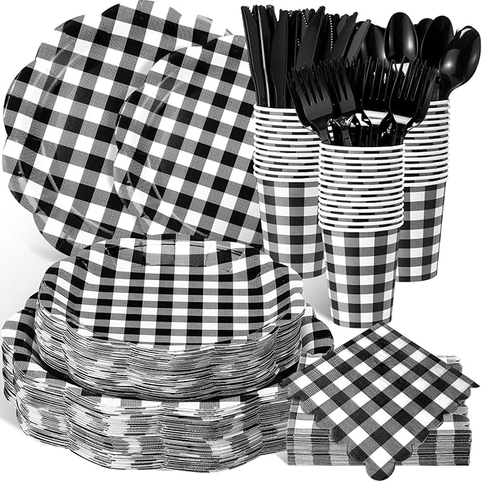 Funnymoom 400 Pcs Gingham Party Supplies for 50 Guests Black and White Paper Plates and Napkins Knives Spoon Fork Cup Disposable Checkered Dinner Party Set Cutlery for Baby Shower Wedding Favor