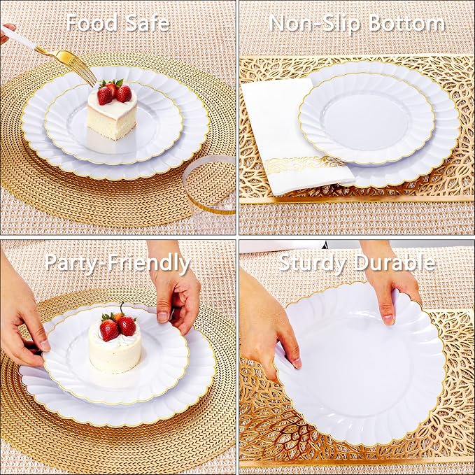 Ciaell 175 PCS White Scalloped Plastic Plates with Gold Trim - Gold Plastic Silverware with Handle - Fancy High-End Dinnerware Sets for Wedding & Party(25 Guests)