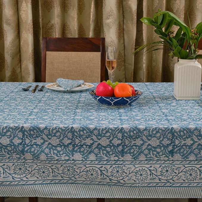 Ridhi Teal Gray Hand Block Print Cotton Rectangle Tablecloth 190" x 72" inches Reusable Table Cover Decorative Everyday Use for Dining Room, Farmhouse, Home Gift for Spring, Mother's Day