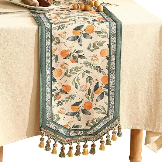 patdrea Designer Vintage Fresh Farmhouse Linen Table Runner 87 Inch Long, Green and Orange Pattern Table Mat, Decor for Kitchen Dining Table Coffee Table Shelf Cabinet Banquet Christmas ,12"*87"