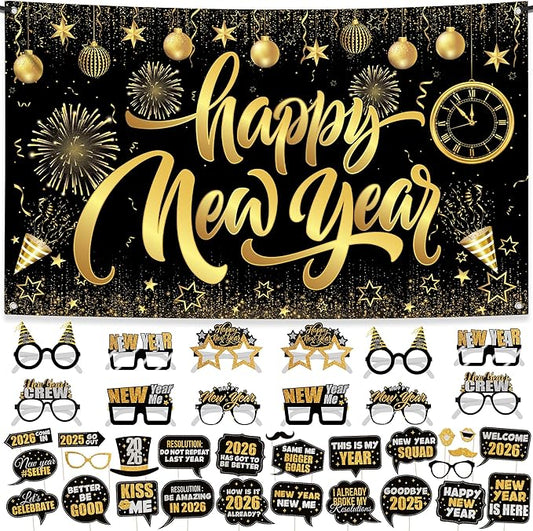 KatchOn, New Years Eve Party Supplies 2026 Set - Pack of 48 | Black and Gold Happy New Year Banner, New Year Photo Booth Props | 2026 Glasses for New Years Decorations | NYE Eve Decorations