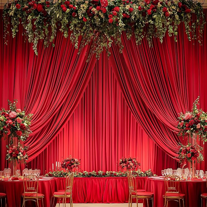 8 Panels 5x12ft Red Backdrop Curtains for Wedding Parties, Wrinkle Free Polyester 12 ft Long Photo Backdrop Drapes Back Drop Cloth for Birthday Christmas Ceremony Photography Background