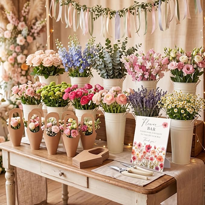 LEIFIDE Flower Bar Buckets Set Kit Bloom Bar Supplies Include Wood Sign Gift Bags Iron Bucket Garden Flower Shears for Wedding Bridal Shower Graduation Birthday Table Centerpieces(45 Pcs,Creamy White)